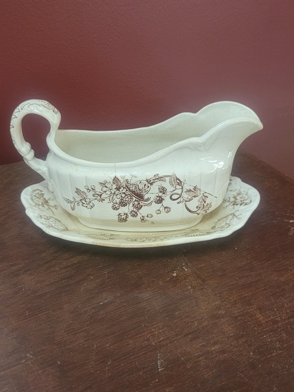 Antique Errol W Adams England Classic Cream Floral Gravy Boat and Saucer